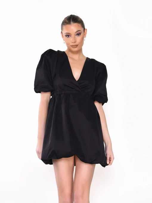Glamorous Go To Partywear|Mini Dresses|Black Plunge Puffball Mini Dress -
