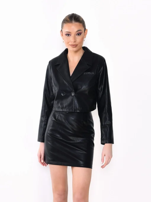 Glamorous Go To Partywear|Blazers|Black PU Crop Blazer Jacket -