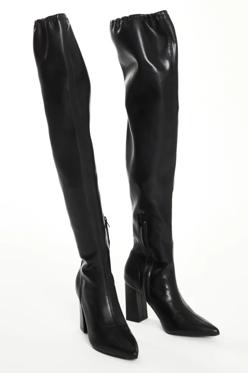Glamorous Boots|Heels|Black PU Knee High Block Heel Boots -