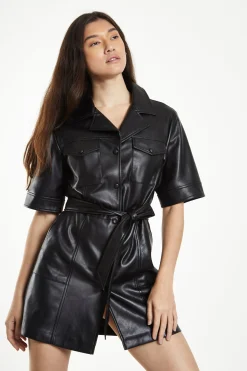 Glamorous Go To Partywear|Black Pu Shirt Dress with Tie Belt -