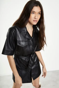 Glamorous Go To Partywear|Black Pu Shirt Dress with Tie Belt -