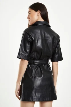 Glamorous Go To Partywear|Black Pu Shirt Dress with Tie Belt -