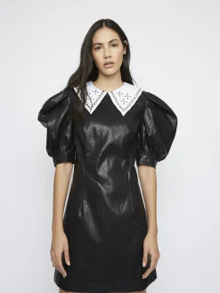 Glamorous Go To Partywear|Black PU Statement Collar Puff Sleeve Dress -