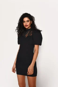 Glamorous Go To Partywear|Mini Dresses|Black Puff Sleeve Mini Dress with Contrasting Lace Panel -