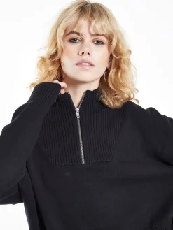 Glamorous Jumpers|Black Quarter Zip Knit Ribbed Long Sleeve Jumper -