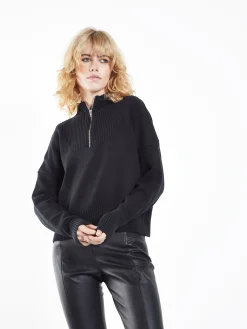 Glamorous Jumpers|Black Quarter Zip Knit Ribbed Long Sleeve Jumper -