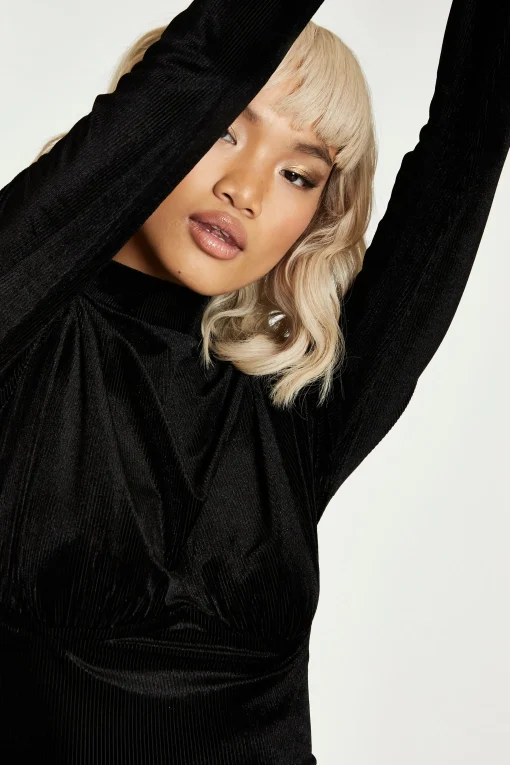 Glamorous Go To Partywear|Party Dresses|Black Rib Velvet Fitted High Neck Mini Dress -