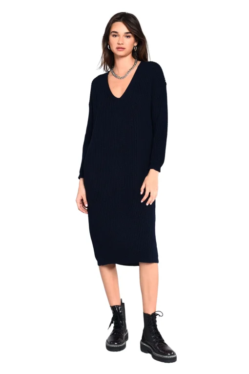 Glamorous Jumpers|Midi & Midaxi Dresses|Black Ribbed V-Neck Long Sleeve Midi Jumper Dress -