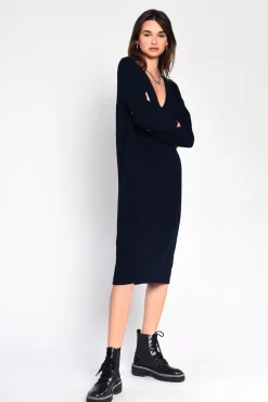 Glamorous Jumpers|Midi & Midaxi Dresses|Black Ribbed V-Neck Long Sleeve Midi Jumper Dress -