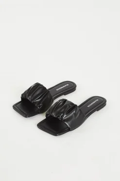 Glamorous Jet Setter|Chic Escapes|Black Ruched Sliders -