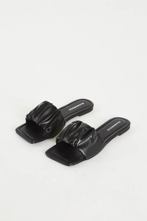 Glamorous Jet Setter|Chic Escapes|Black Ruched Sliders -