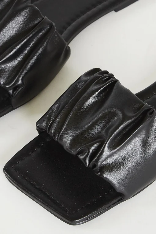 Glamorous Jet Setter|Chic Escapes|Black Ruched Sliders -