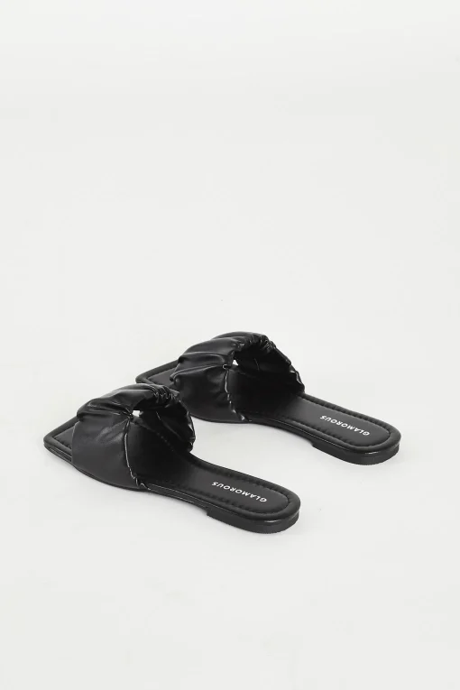Glamorous Jet Setter|Chic Escapes|Black Ruched Sliders -