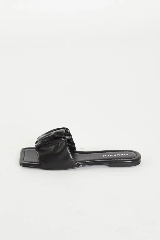 Glamorous Jet Setter|Chic Escapes|Black Ruched Sliders -