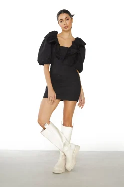 Glamorous Mini Dresses|Mini Dresses|Black Ruffle Puff Shoulder Mini Dress -