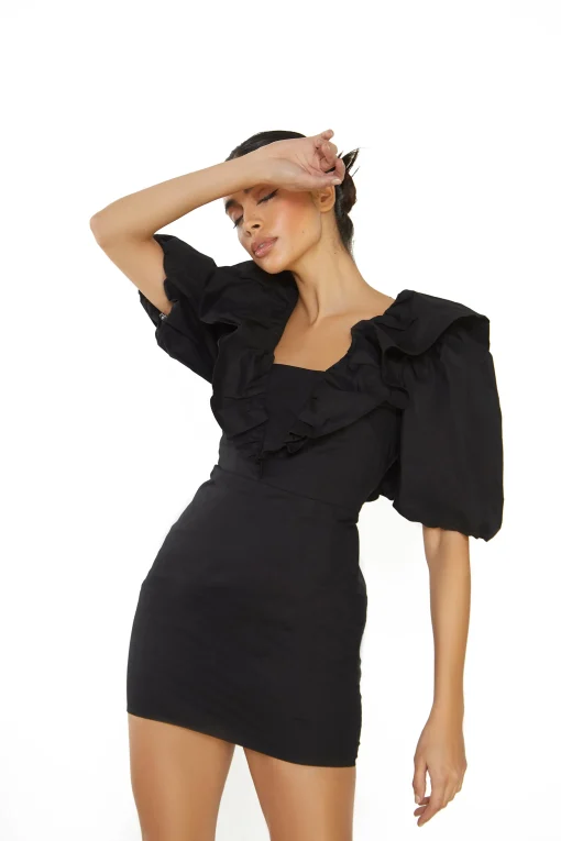 Glamorous Mini Dresses|Mini Dresses|Black Ruffle Puff Shoulder Mini Dress -