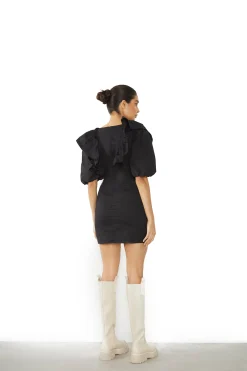 Glamorous Mini Dresses|Mini Dresses|Black Ruffle Puff Shoulder Mini Dress -