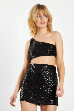 Glamorous Going Out Tops|Go To Partywear|Black Sequin Asymmetric Crop Top -