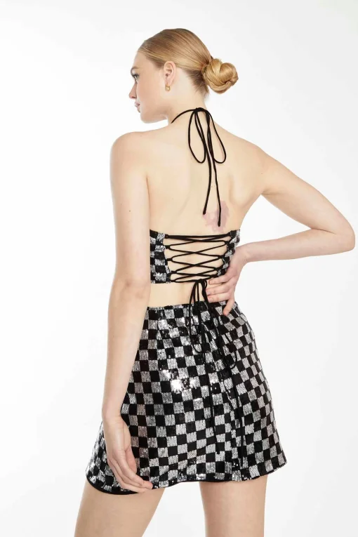 Glamorous Going Out Skirts|Go To Partywear|Black Silver Check Sequin Mini Skirt -