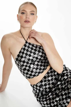 Glamorous Going Out Skirts|Go To Partywear|Black Silver Check Sequin Mini Skirt -