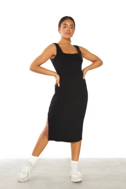 Glamorous Midi & Midaxi Dresses|Midi & Midaxi Dresses|Black Square Neck Midi Dress with Side Split -