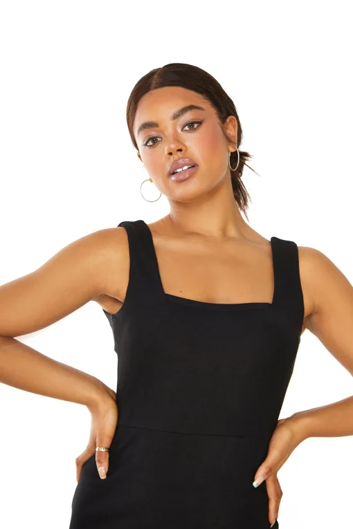 Glamorous Midi & Midaxi Dresses|Midi & Midaxi Dresses|Black Square Neck Midi Dress with Side Split -