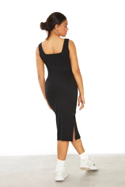 Glamorous Midi & Midaxi Dresses|Midi & Midaxi Dresses|Black Square Neck Midi Dress with Side Split -