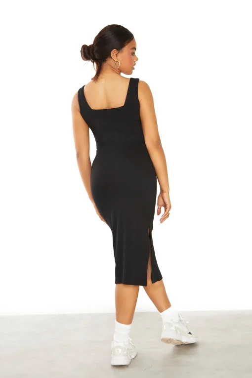 Glamorous Midi & Midaxi Dresses|Midi & Midaxi Dresses|Black Square Neck Midi Dress with Side Split -