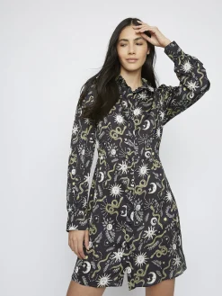 Glamorous Day Dresses|Black Sun and Moon Print Long Sleeve Shirt Dress -
