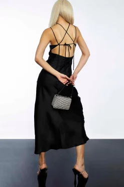 Glamorous Best Dressed Guest|Go To Partywear|Black Tie Back Bias Cut Midi Dress -