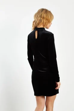 Glamorous Go To Partywear|Party Dresses|Black Velvet High Neck Mini Dress with Front Side Split -