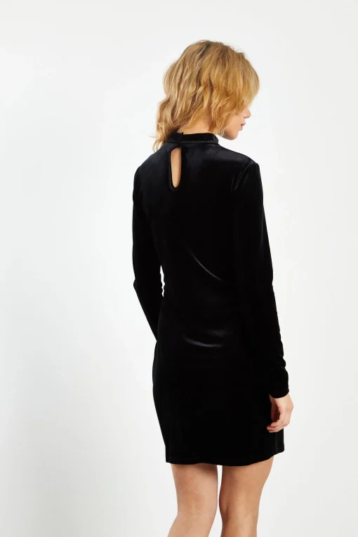 Glamorous Go To Partywear|Party Dresses|Black Velvet High Neck Mini Dress with Front Side Split -