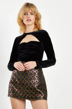 Glamorous Going Out Tops|Go To Partywear|Black Velvet Long Sleeve Bodysuit with Front Twist Detail -