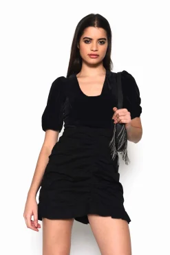 Glamorous Go To Partywear|Black Velvet Plunging Neck Bodysuit with Puff Sleeves -