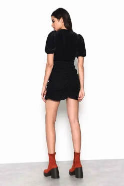 Glamorous Go To Partywear|Black Velvet Plunging Neck Bodysuit with Puff Sleeves -