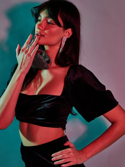 Glamorous Go To Partywear|Co-ords|Black Velvet Square Neck Puff Sleeve Crop Top -