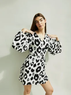 Glamorous Go To Partywear|Day Dresses|Black White Leopard Long Sleeve V- Neck Wrap Mini Dress -