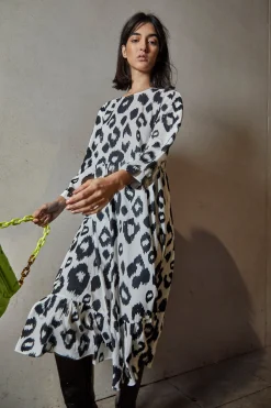 Glamorous Day Dresses|Wrap Dressses|Black White Leopard Midi Long Sleeve Wrap Dress -