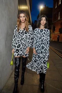 Glamorous Day Dresses|Wrap Dressses|Black White Leopard Midi Long Sleeve Wrap Dress -