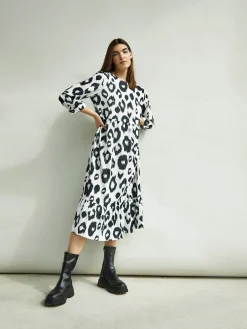 Glamorous Day Dresses|Wrap Dressses|Black White Leopard Midi Long Sleeve Wrap Dress -