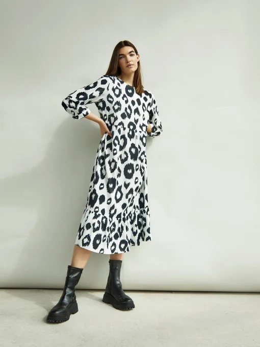 Glamorous Day Dresses|Wrap Dressses|Black White Leopard Midi Long Sleeve Wrap Dress -