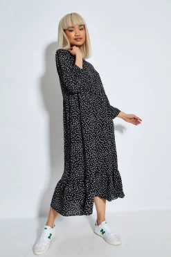 Glamorous Day Dresses|Midi & Midaxi Dresses|Black White Mini Ditsy 3/4 Length Sleeve Midi Dress -
