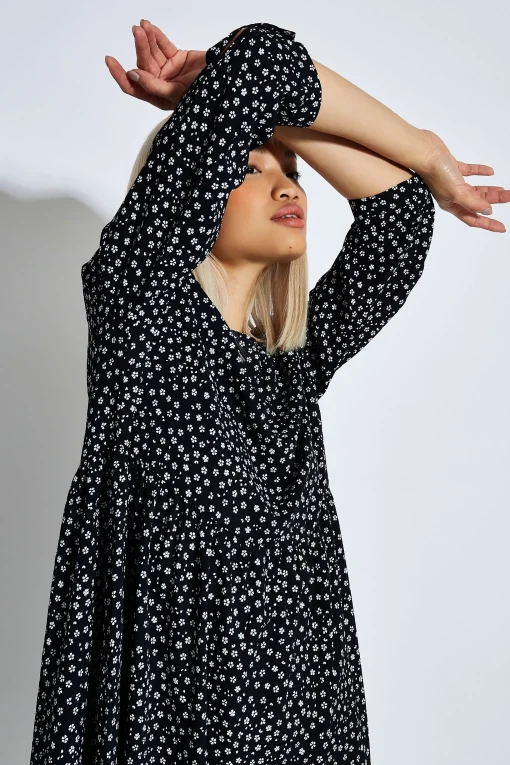 Glamorous Day Dresses|Midi & Midaxi Dresses|Black White Mini Ditsy 3/4 Length Sleeve Midi Dress -