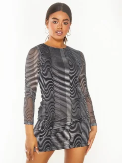 Glamorous Mini Dresses|Mini Dresses|Black White Optical Mesh Pattern Long Sleeve Mini Dress -