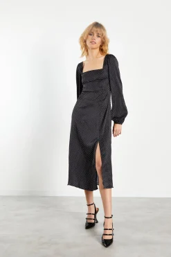 Glamorous Day Dresses|Midi & Midaxi Dresses|Black White Spot Side Split Midi Dress -