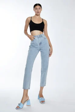 Glamorous Chic Escapes|Straight Leg Jeans|Bleach Stonewash Denim Slim Fit Straight Leg Jeans -