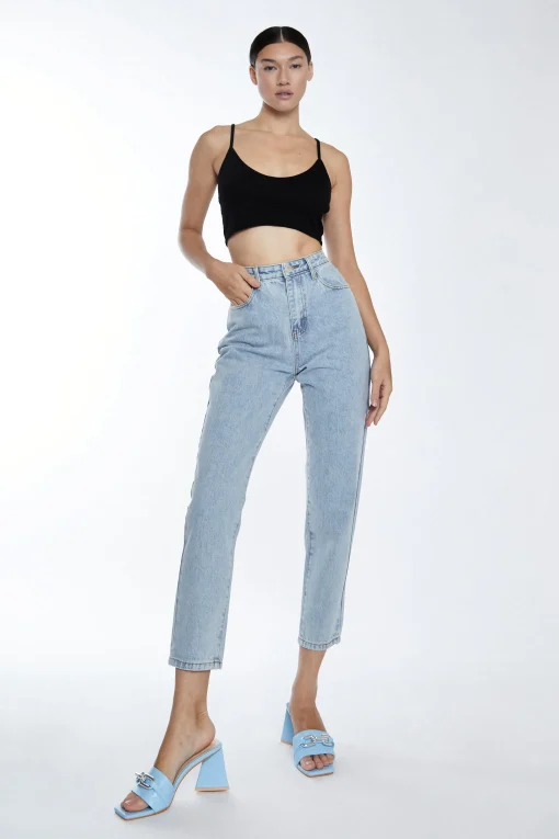 Glamorous Chic Escapes|Straight Leg Jeans|Bleach Stonewash Denim Slim Fit Straight Leg Jeans -