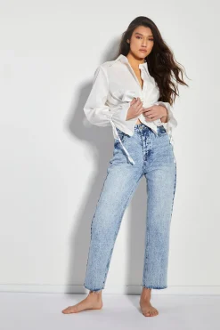 Glamorous Straight Leg Jeans|Blue Acid Wash Cut Off Straight Leg Jeans -