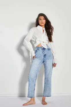 Glamorous Straight Leg Jeans|Blue Acid Wash Cut Off Straight Leg Jeans -