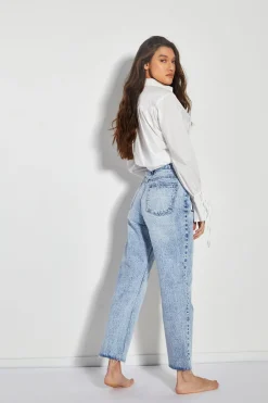 Glamorous Straight Leg Jeans|Blue Acid Wash Cut Off Straight Leg Jeans -